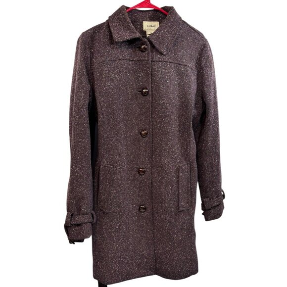Vtg LL Bean Womens Medium Peacoat Wool Blend Purple Belted Tweed Lined Silk Y2K - Picture 2 of 8